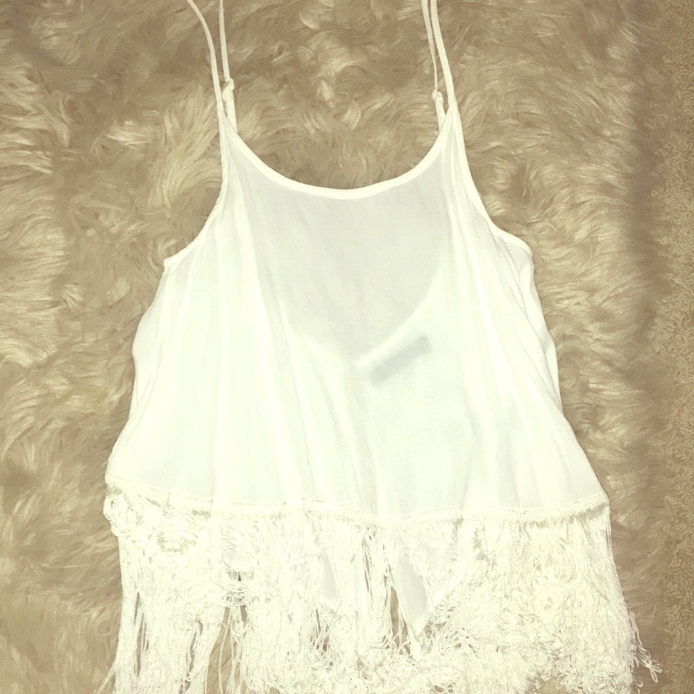 Olivaceous fringe white crop top blouse